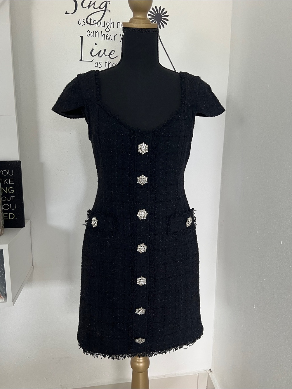 Generation Love Black Tweed Mini Dress with Crystal Buttons